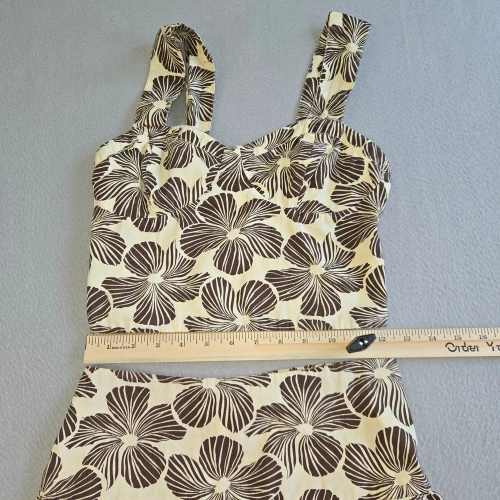 Japsae 2 Piece Maxi Skirt Set Womens S Brown Cream Floral Cotton Crop Top Tiered